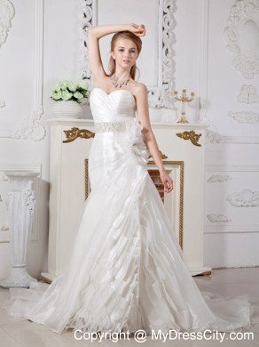 A-line Court Train Beading Wedding Dress with Hand Made Flower