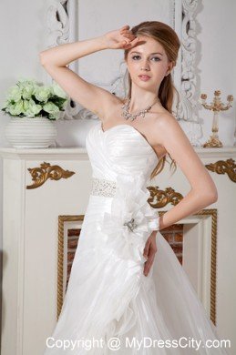 A-line Court Train Beading Wedding Dress with Hand Made Flower