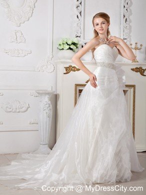 A-line Court Train Beading Wedding Dress with Hand Made Flower