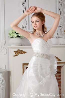 A-line Court Train Beading Wedding Dress with Hand Made Flower