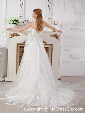 A-line Court Train Beading Wedding Dress with Hand Made Flower
