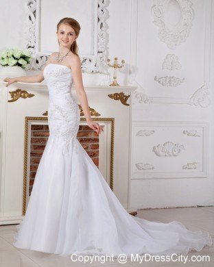 Mermaid Strapless Brush Train Chiffon Appliques Wedding Dress
