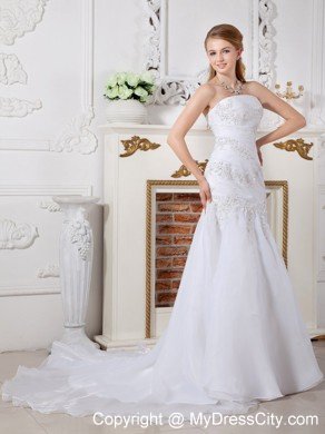 Mermaid Strapless Brush Train Chiffon Appliques Wedding Dress
