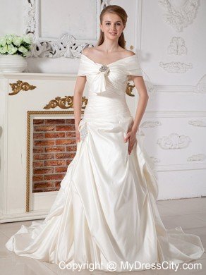Luxurious A-line Off Shoulder Court Train Beaded Wedding Dress