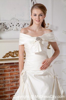 Luxurious A-line Off Shoulder Court Train Beaded Wedding Dress