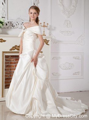 Luxurious A-line Off Shoulder Court Train Beaded Wedding Dress