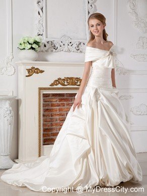 Luxurious A-line Off Shoulder Court Train Beaded Wedding Dress