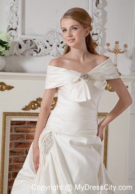 Luxurious A-line Off Shoulder Court Train Beaded Wedding Dress