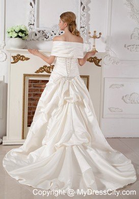 Luxurious A-line Off Shoulder Court Train Beaded Wedding Dress
