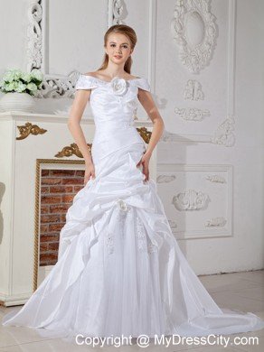 Elegant Off The Shoulder Court Train Hand Flowers Wedding Dress