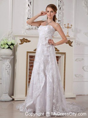 Romantic Empire Strapless Lace Hand Made Flowers Wedding Dress