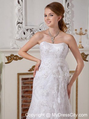 Romantic Empire Strapless Lace Hand Made Flowers Wedding Dress