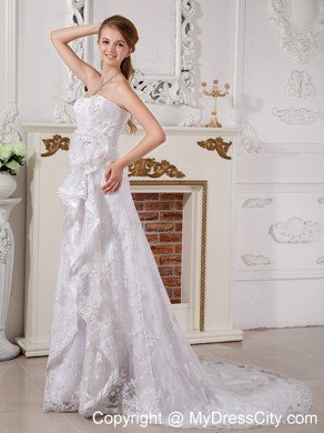 Romantic Empire Strapless Lace Hand Made Flowers Wedding Dress