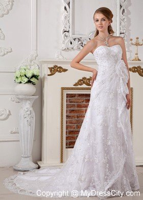 Romantic Empire Strapless Lace Hand Made Flowers Wedding Dress