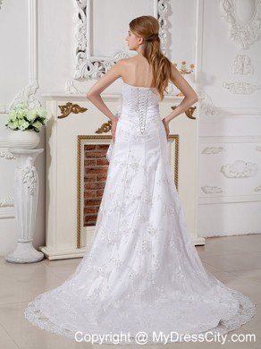 Romantic Empire Strapless Lace Hand Made Flowers Wedding Dress