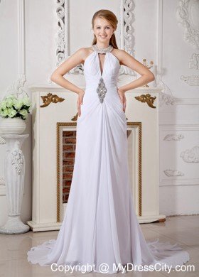 Classical Empire High-neck Court Train Beaded Wedding Dress