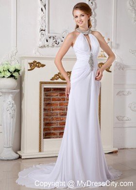 Classical Empire High-neck Court Train Beaded Wedding Dress