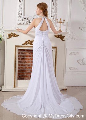 Classical Empire High-neck Court Train Beaded Wedding Dress