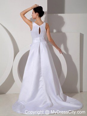 Modest Peekaboo Keyhole Bateau Brush Train Sash Wedding Dress