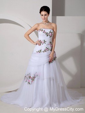 Pretty A-line Strapless Tulle Colorful Appliques Bridal dress