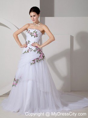 Pretty A-line Strapless Tulle Colorful Appliques Bridal dress
