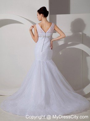 Mermaid Scoop Court Train Appliques and Ruches Wedding Dress