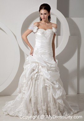 A-line Off The Shoulder Court Train Appliques Wedding Dress