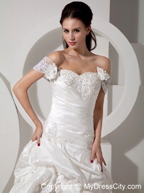 A-line Off The Shoulder Court Train Appliques Wedding Dress