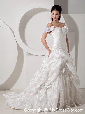 A-line Off The Shoulder Court Train Appliques Wedding Dress