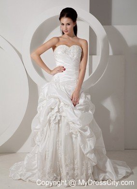 A-line Off The Shoulder Court Train Appliques Wedding Dress