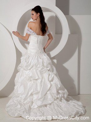 A-line Off The Shoulder Court Train Appliques Wedding Dress