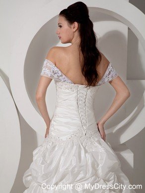 A-line Off The Shoulder Court Train Appliques Wedding Dress