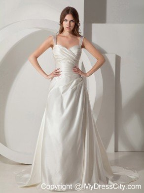 Simple Princess Straps Court Train Taffeta Ruched Wedding Dress