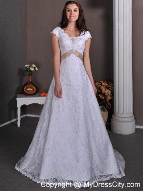 V-neck Court Train Lace Beaded Bridal dress with Champagne Sash