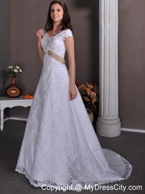 V-neck Court Train Lace Beaded Bridal dress with Champagne Sash