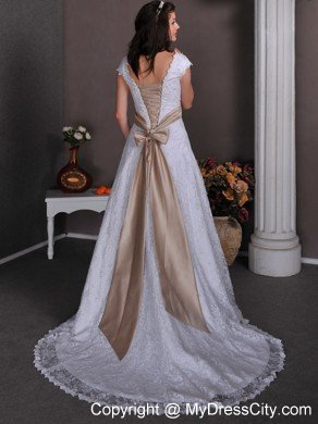 V-neck Court Train Lace Beaded Bridal dress with Champagne Sash