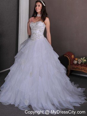 A-line Sweetheart Chapel Train Beading and Ruffles Bridal Gown