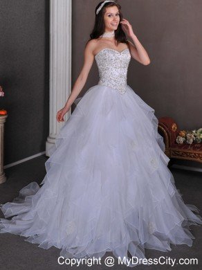 A-line Sweetheart Chapel Train Beading and Ruffles Bridal Gown