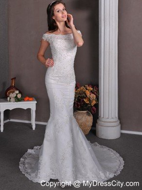 Mermaid Off The Shoulder Brush Train Wedding Dress with Lace