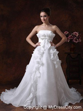 Bowknot A-Line Strapless Court Train Ruffled Wedding Dress