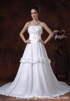 Romantic A-Line Strapless Ruffled Chapel Train Wedding Dress
