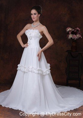 Romantic A-Line Strapless Ruffled Chapel Train Wedding Dress
