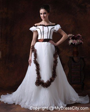 Off The Shoulder A-Line Pleated Wedding Dress with Brown Train