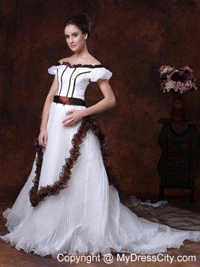 Off The Shoulder A-Line Pleated Wedding Dress with Brown Train