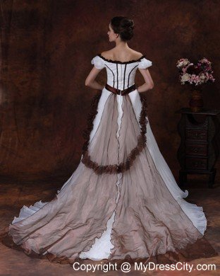 Off The Shoulder A-Line Pleated Wedding Dress with Brown Train