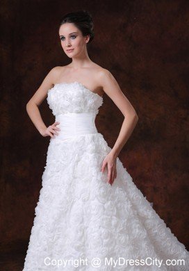 Rolling Flowers Strapless A-Line Chapel Train Wedding Dress