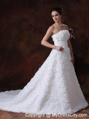 Rolling Flowers Strapless A-Line Chapel Train Wedding Dress