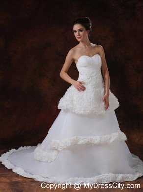 Luxurious Rolling Flowers Princess Chapel Train Wedding Dress