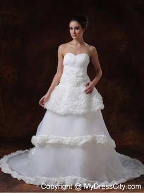 Luxurious Rolling Flowers Princess Chapel Train Wedding Dress