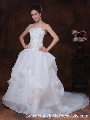 Spaghetti Straps A-Line Court Train Beaded Lace-up Bridal Gown